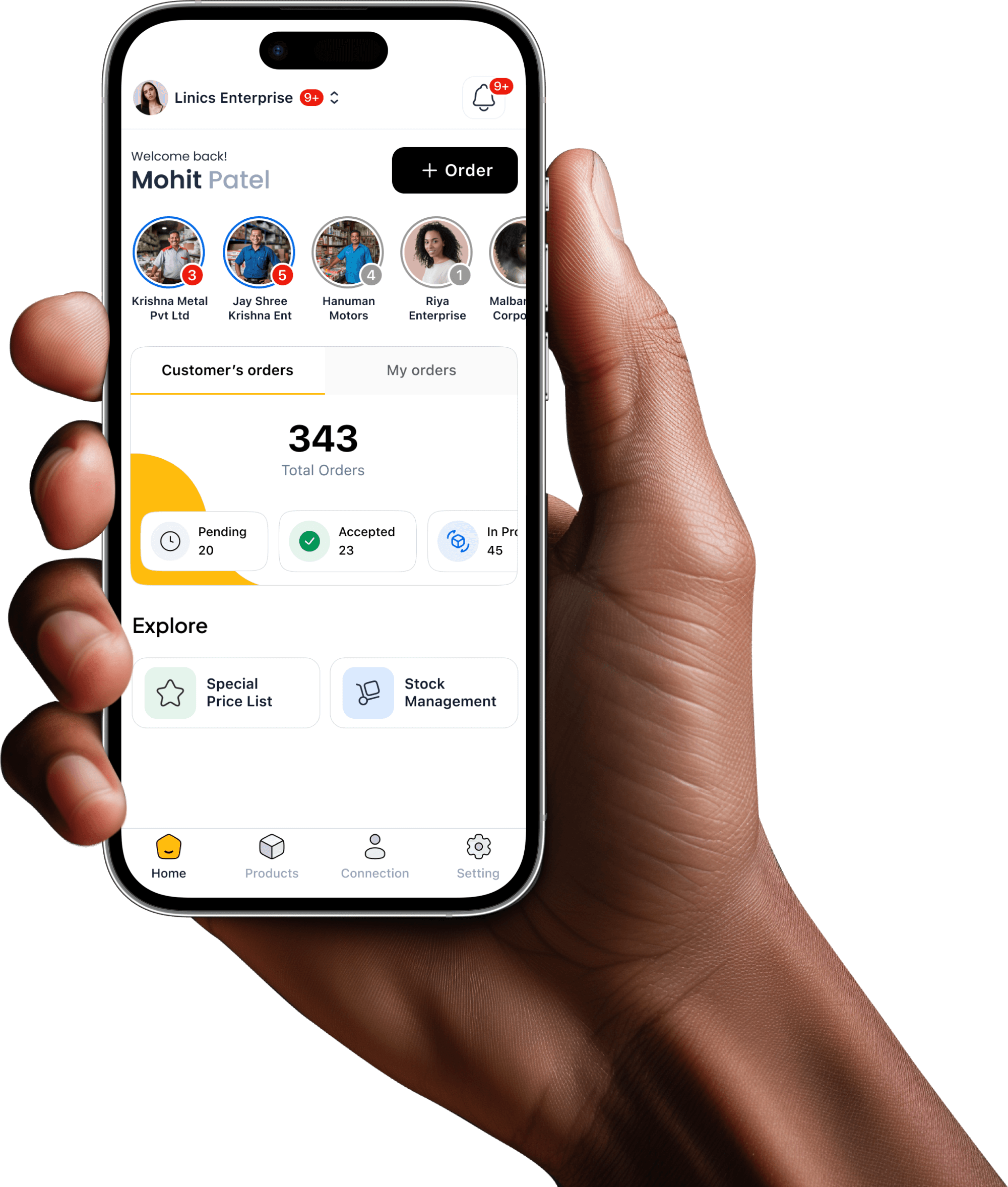 Customer orders and stock management software dashboard