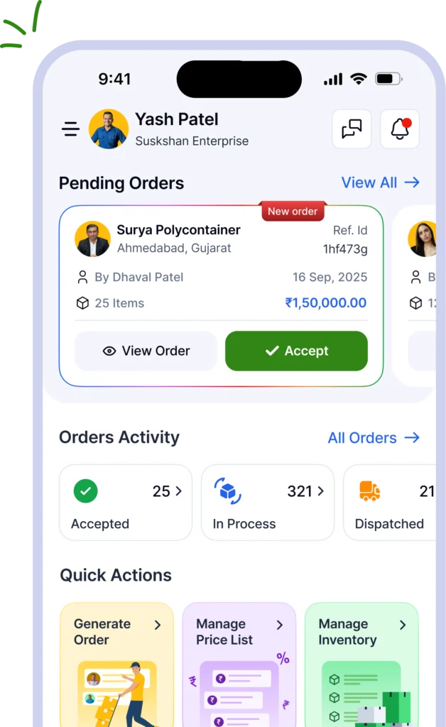 B2B order management software dashboard for managing orders, inventory, and price lists